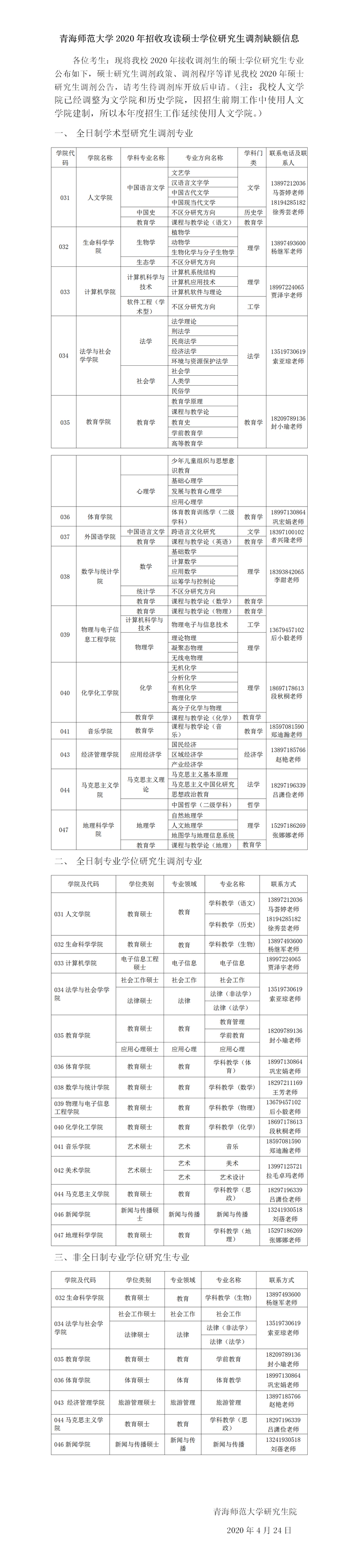 青海师范大学2020年招收攻读硕士学位研究生调剂缺额信息